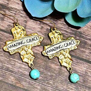 Earrings. Amazing Grace. Gold, Silver, Turquoise. Pierced. NWT.